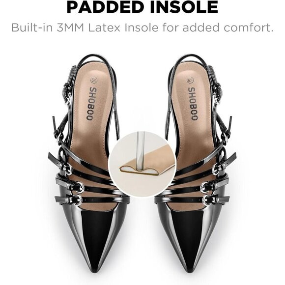 Slingback Kitten Heels for Women Black Polyurethane Multi-Buckle Shoes - Picture 3 of 7